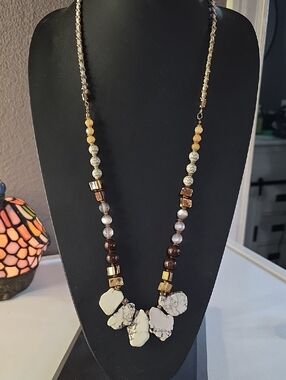 Neutral Mixed Media Statement Necklace - Gold Tone
